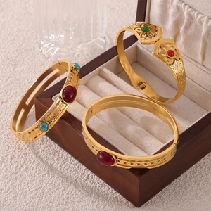 Retro hollow gold plated stainless steel bangles set with colorful natural stones