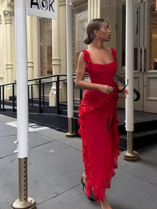 Women Sexy Maxi Dress Ruffle Trim High Side Slit Square Neck Spaghetti Straps Mesh Patchwork Slim Fit Party Wear Dress