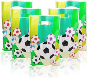 Detail of colorful football pattern plastic gift bags with die-cut handles and reflections