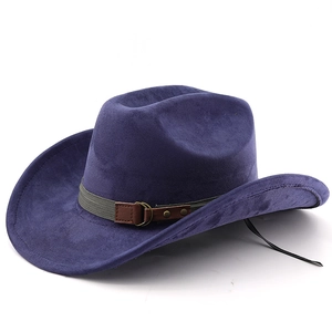 Detail of dark purple suede cowboy hat featuring a grey band and brown leather buckle