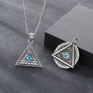 Silver stainless steel Egyptian pyramid Evil Eye and Freemason rune pendants for men