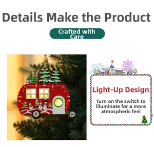 Close-up of wooden Christmas car ornament with LED lights and snowman painting