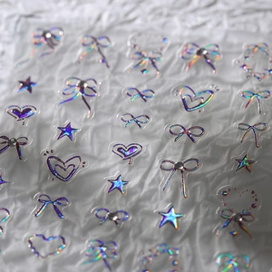 3D holographic bow and heart nail art stickers with metallic laser gradient finish
