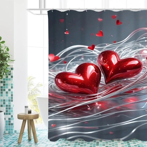 Modern waffle print shower curtain with 3D red hearts and silver ribbons in bathroom