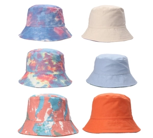 Detailed grid showing colorful tie-dye and solid cotton bucket hats for summer sun protection