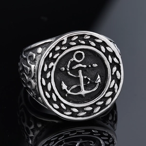 Men's vintage stainless steel anchor ring with nautical relief and antique silver finish