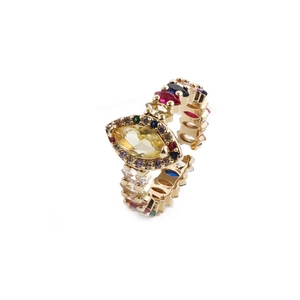 Bague ajustable dorée avec zircons colorés de taille marquise et design ouvert moderne