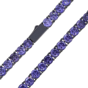 Detail of 5mm purple zircon tennis chain with black plated metal clasp and round cut gems