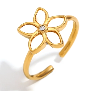 Elegant 18K gold plated flower ring with white rhinestone and adjustable open band