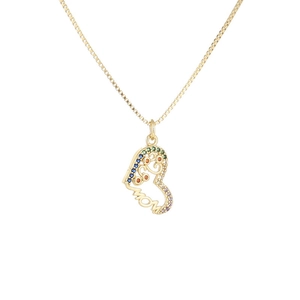 Golden heart necklace with MOM lettering and colorful stones on box chain