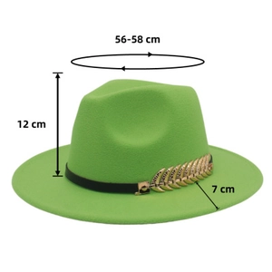 Detail showing emerald green wool fedora dimensions with 7cm brim and golden feather