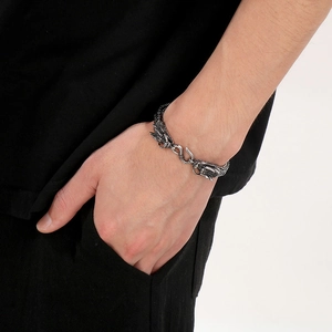 Vintage stainless steel dragon bone bracelet for men with double dragon head buckle
