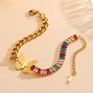Bracelet papillon plaqué or 18 carats avec strass colorés et chaîne réglable