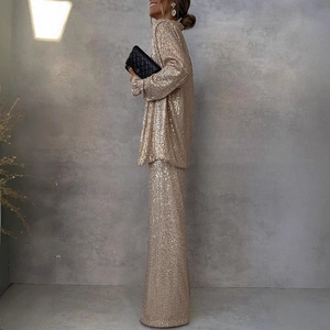 Sparkling champagne gold sequin blazer and high-waist wide-leg pants two-piece set for women