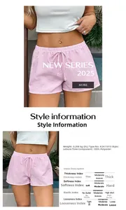Detail of pink and white seersucker striped shorts with product specifications and material info