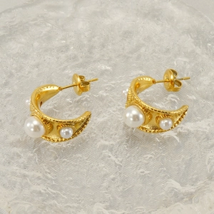 Boucles D'oreilles Créoles En Forme De C Pour Femmes Acier Inoxydable Plaqué Or 18K Rétro Français Texture Martellée
