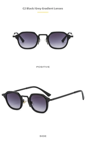 Front and side views of black square frame sunglasses with gradient grey lenses