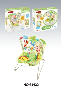 Detail view of baby bouncer with vibration function and hanging animal toy bar