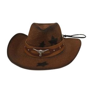 Brown woven cowboy hat with silver bull head emblem and adjustable chin strap for outdoors