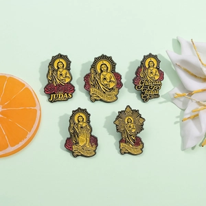 5-piece San Judas Tadeo metal enamel pin set with red roses on light background