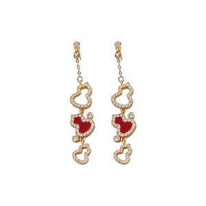 Gold-plated gourd tassel drop earrings with red enamel and shimmering zircon stones