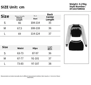 Size chart for women's slim baseball hoodie and mini skirt set with detailed measurements