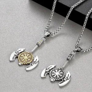 Viking Axe Pendant Necklace For Men Stainless Steel Norse Mythology Compass Vegvisir Rune Retro Punk Jewelry