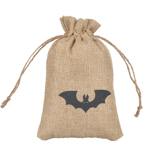 Linen Halloween drawstring gift bag featuring black bat pattern on natural burlap texture