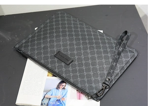 Men's large capacity business casual clutch bag with wrist strap and dark gray pattern.