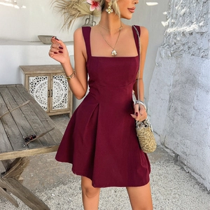 Elegant dark red sleeveless A-line mini dress with square neckline for women
