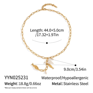 Detailed size specifications for a gold conch and pearl stainless steel necklace