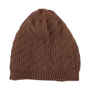 Deep brown knitted slouchy beanie with hollow texture and ribbed edge for autumn and winter