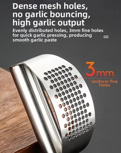 Detail of 3mm uniform holes on a stainless steel garlic press with a brushed metal finish