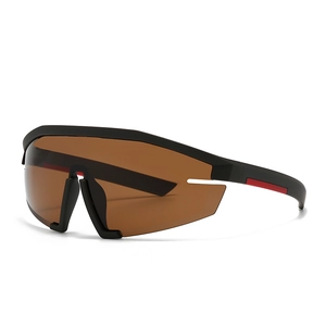 Modern oversized one-piece shield sunglasses in matte black with red stripe temples