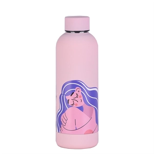 Close-up of pink stainless steel bottle featuring a purple-haired woman art illustration