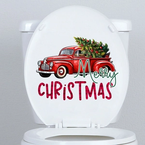 Close-up of Merry Christmas toilet lid sticker featuring a festive red truck and tree