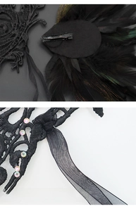 Detail of lace masquerade mask with detachable feathers and double-layer mesh ties