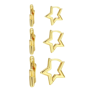 Three pairs of gold pentagram star hoop earrings in small, medium, and large sizes