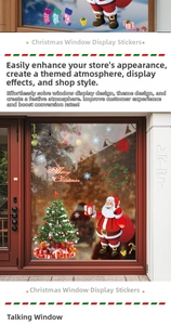 Detailed scene of Santa and Christmas tree static stickers on a shop glass window