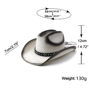 Cowboy hat size guide showing 56-58cm circumference and 7cm brim for white straw hat