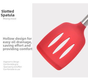 Detailed view of red silicone slotted turner with stainless steel ergonomic handle