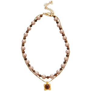 Double-layered tiger eye stone pendant necklace with brown pearls and golden chain