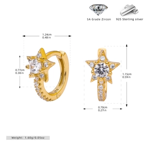 Detail view of gold star hoop earrings in S925 silver with cubic zirconia dimensions