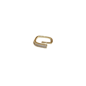 Golden square open ring with sparkling cubic zirconia row in a minimalist geometric style