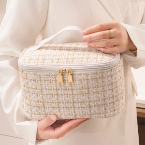 Elegant beige tweed makeup bag with gold thread and large capacity travel storage