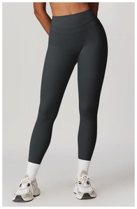Detail of high waisted brushed leggings in charcoal grey showing tummy control fit