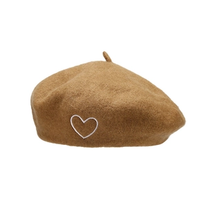 Classic camel wool beret hat for women featuring a minimalist white heart embroidery
