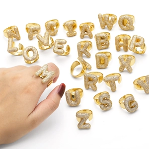 Minimalist Gold Plated Copper Zirconia Alphabet Open Ring For Women Adjustable Initial Letter Jewelry Finger Ring Gift