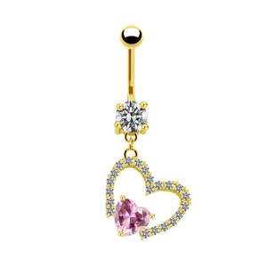 Pink heart-shaped belly button ring with gold plating and cubic zirconia accents