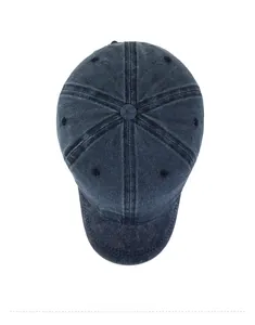 Top view of deep blue washed denim baseball cap with ventilation eyelets and top button